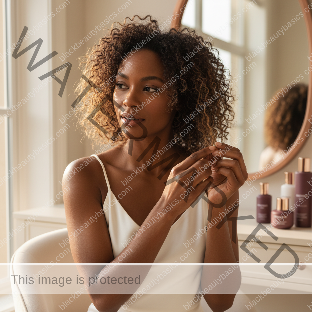 Melanin-rich Black woman with rich brown skin and textured hair in a warm editorial natural-hair routine moment for Protein Overload on Textured Hair: What It Can Look Like