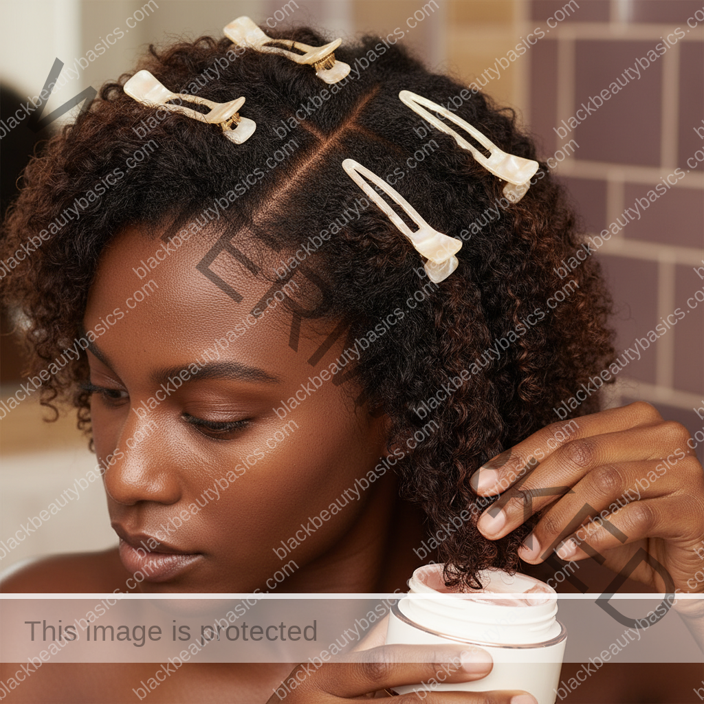 Melanin-rich Black woman with rich brown skin and textured hair using a practical natural-hair care step with natural hands and correct anatomy