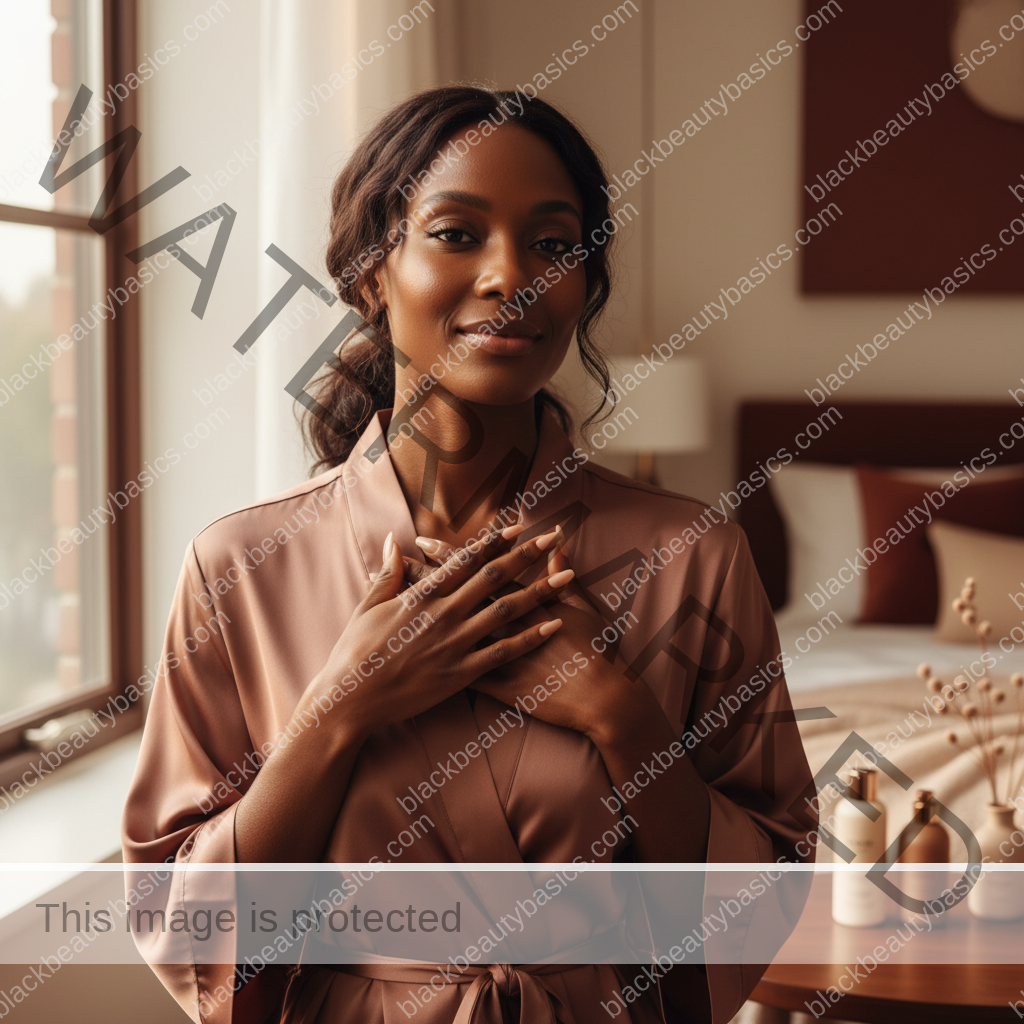 Melanin-rich Black woman with rich brown skin and textured hair relaxed after a calm skin-care or treatment-safety routine