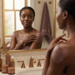 Melanin-rich Black woman with rich brown skin and textured hair in a warm editorial dark-skin care moment for Psoriasis on Dark Skin: What Flare Patterns Can Look Like