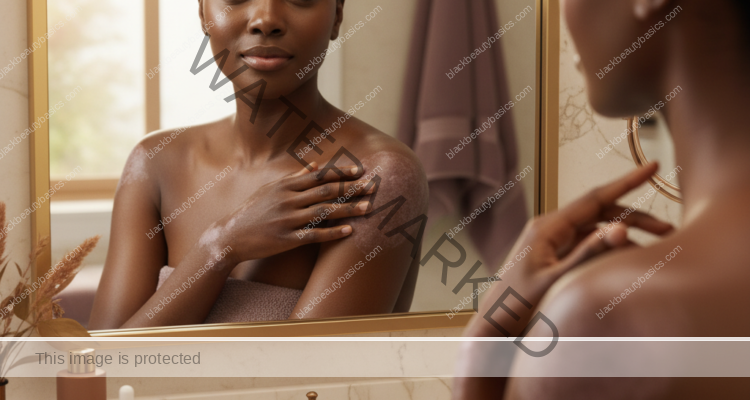 Melanin-rich Black woman with rich brown skin and textured hair in a warm editorial dark-skin care moment for Psoriasis on Dark Skin: What Flare Patterns Can Look Like