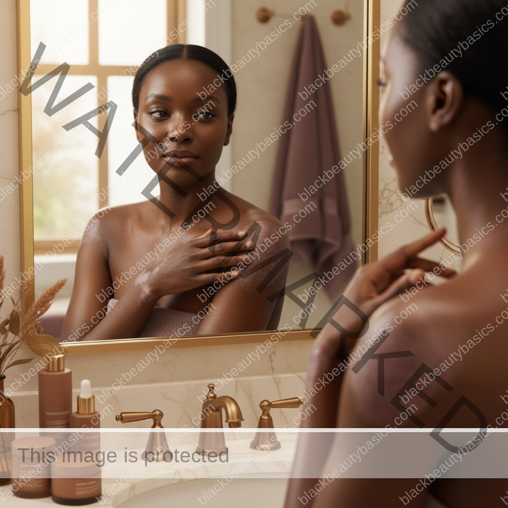 Melanin-rich Black woman with rich brown skin and textured hair in a warm editorial dark-skin care moment for Psoriasis on Dark Skin: What Flare Patterns Can Look Like