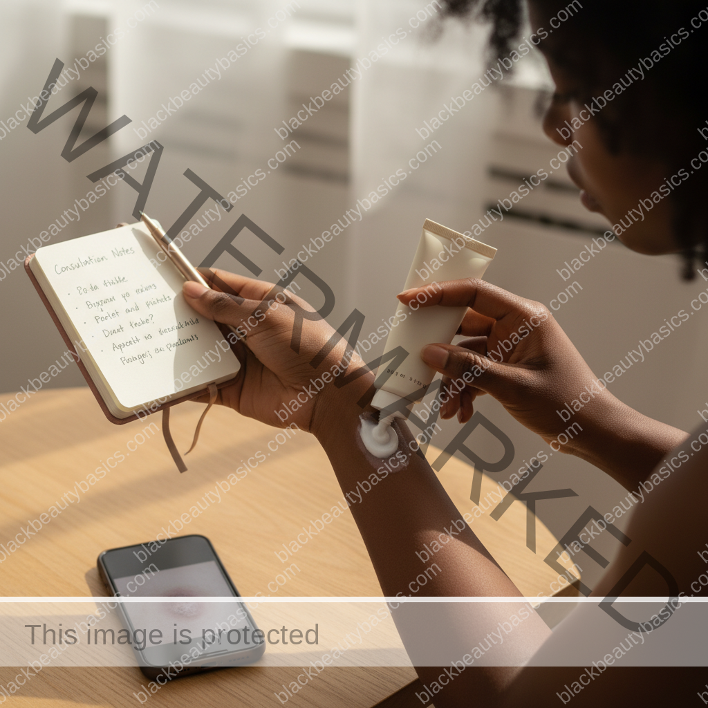 Melanin-rich Black woman with rich brown skin and textured hair using a practical care or documentation step with natural hands and correct anatomy