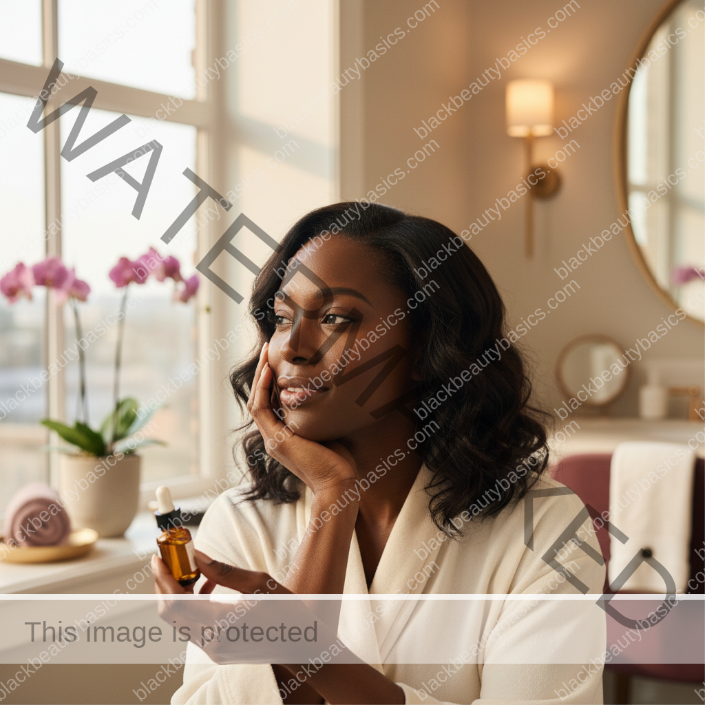 Melanin-rich Black woman with rich brown skin and textured hair relaxed after a calm skin-care or treatment-safety routine