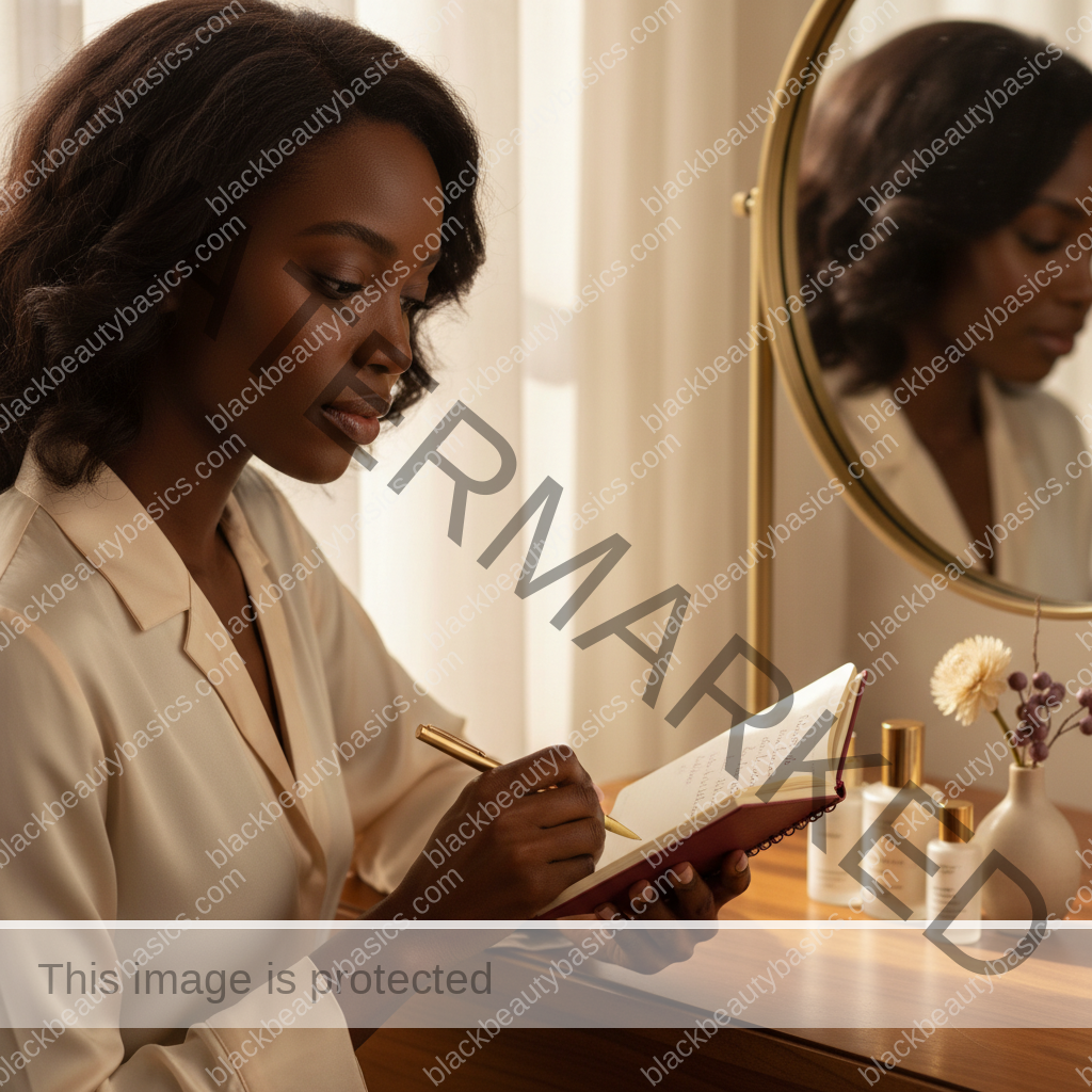 Melanin-rich Black woman with rich brown skin and textured hair in a calm mirror or note-taking moment