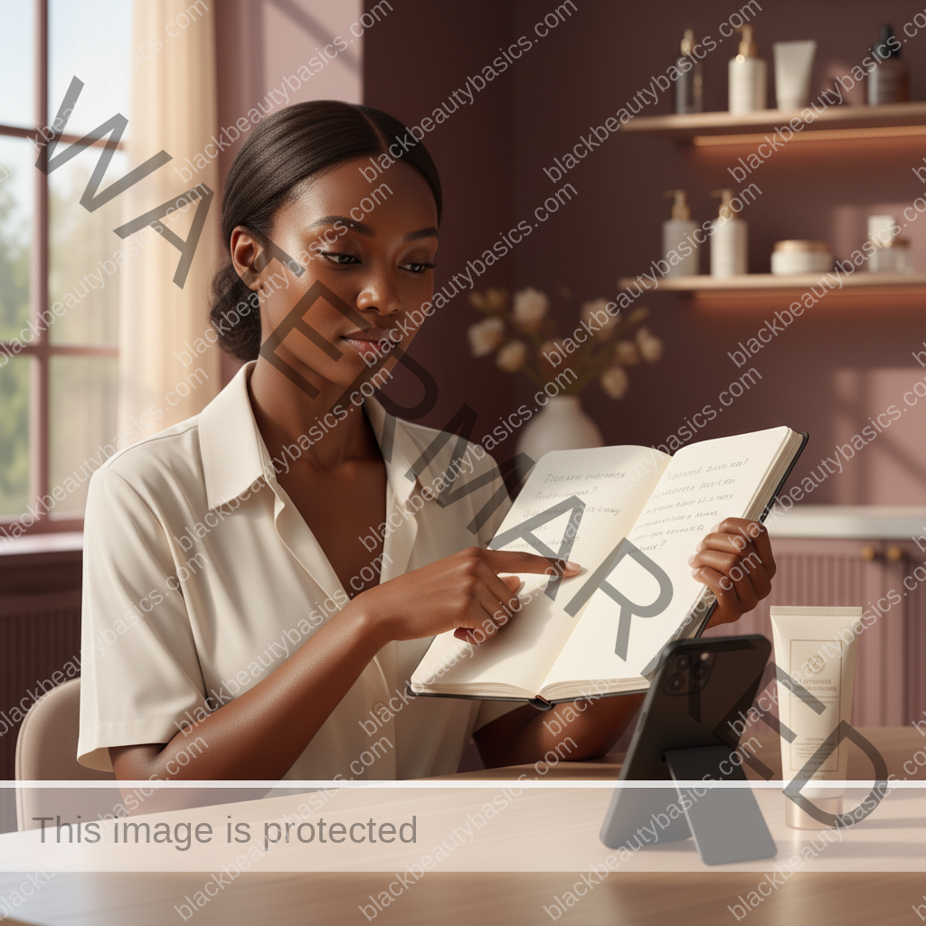 Melanin-rich Black woman with rich brown skin and textured hair using a practical care or documentation step with natural hands and correct anatomy