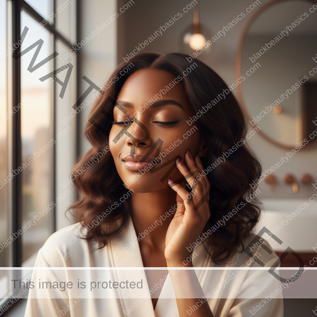 Melanin-rich Black woman with rich brown skin and textured hair relaxed after a calm skin-care or treatment-safety routine