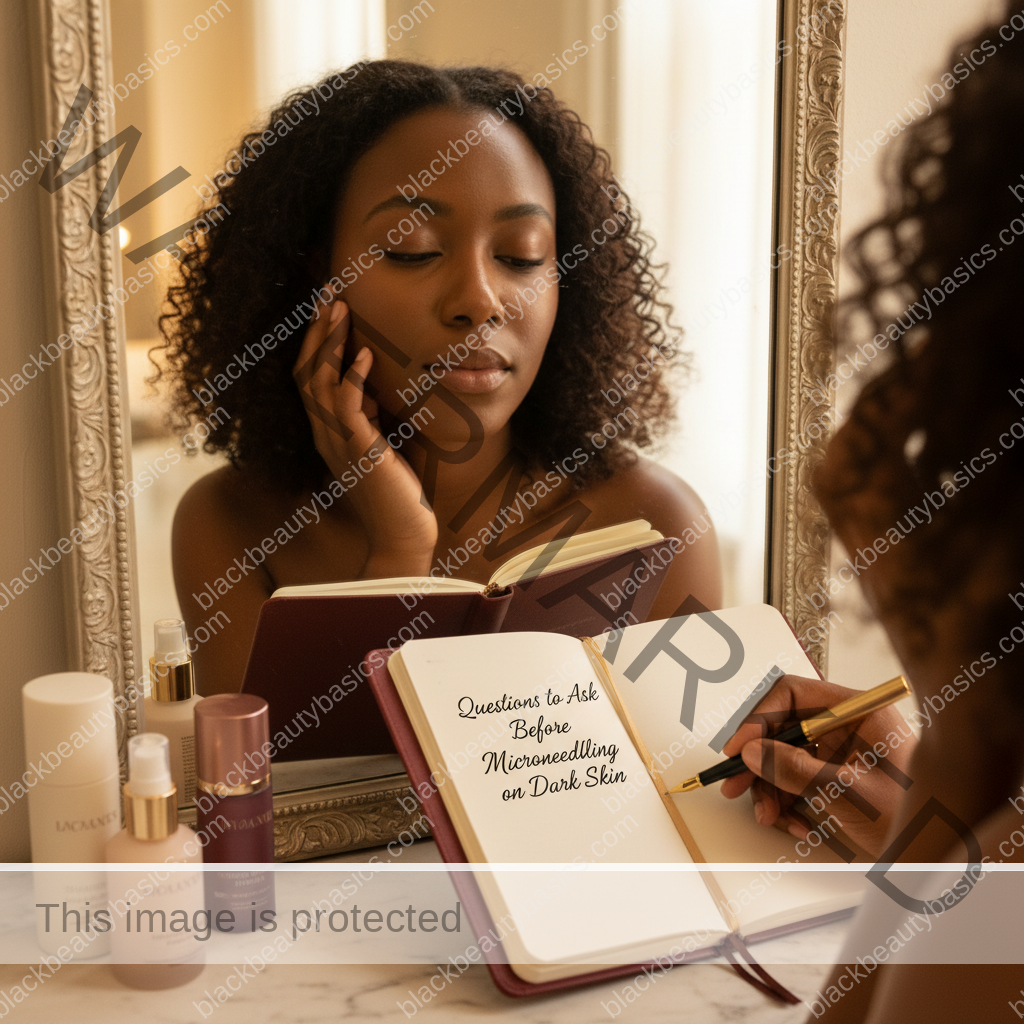 Melanin-rich Black woman with rich brown skin and textured hair in a calm mirror or note-taking moment