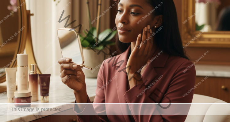 Melanin-rich Black woman with rich brown skin and textured hair in a warm editorial dark-skin care moment for Questions to Ask Before Microneedling on Dark Skin