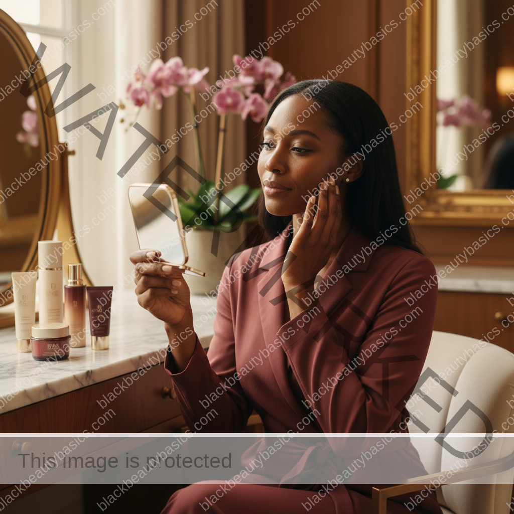 Melanin-rich Black woman with rich brown skin and textured hair in a warm editorial dark-skin care moment for Questions to Ask Before Microneedling on Dark Skin