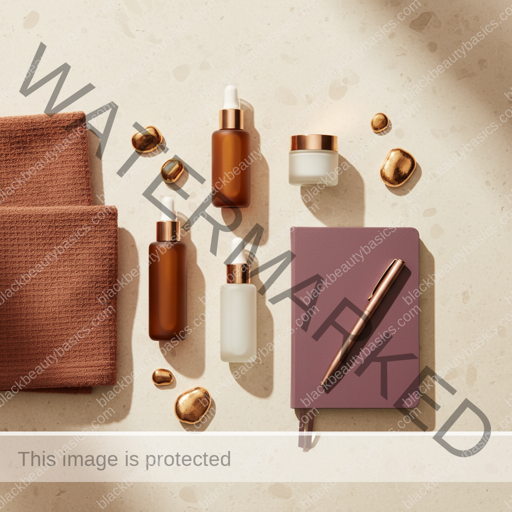 Clean flat lay of gentle aftercare products and blank notebook for microneedling questions on dark skin