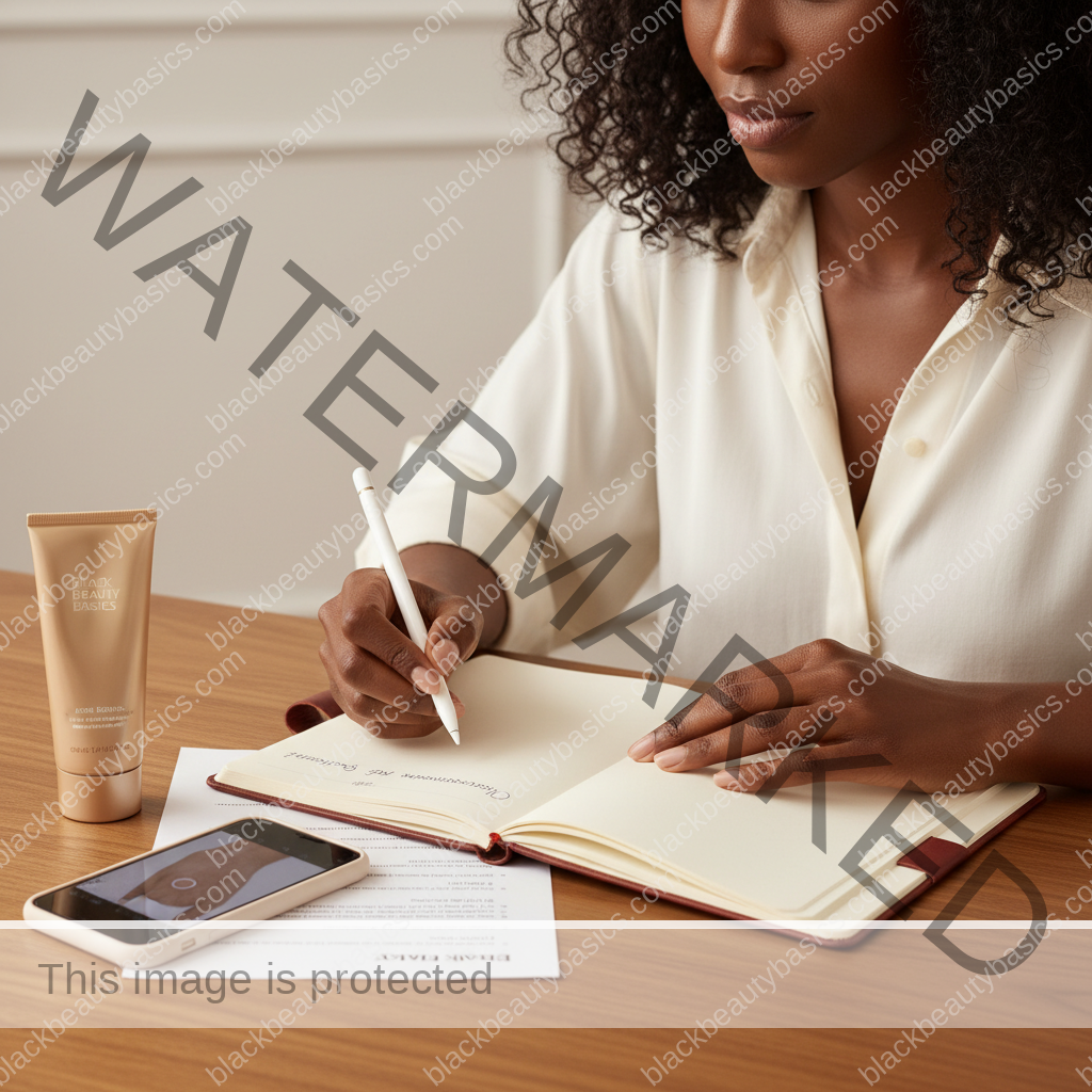 Melanin-rich Black woman with rich brown skin and textured hair using a practical care or documentation step with natural hands and correct anatomy