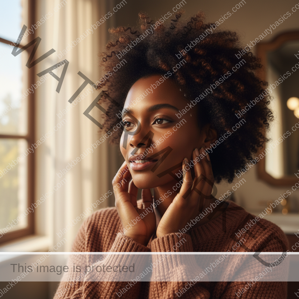 Melanin-rich Black woman with rich brown skin and textured hair relaxed after a gentle scalp-care routine