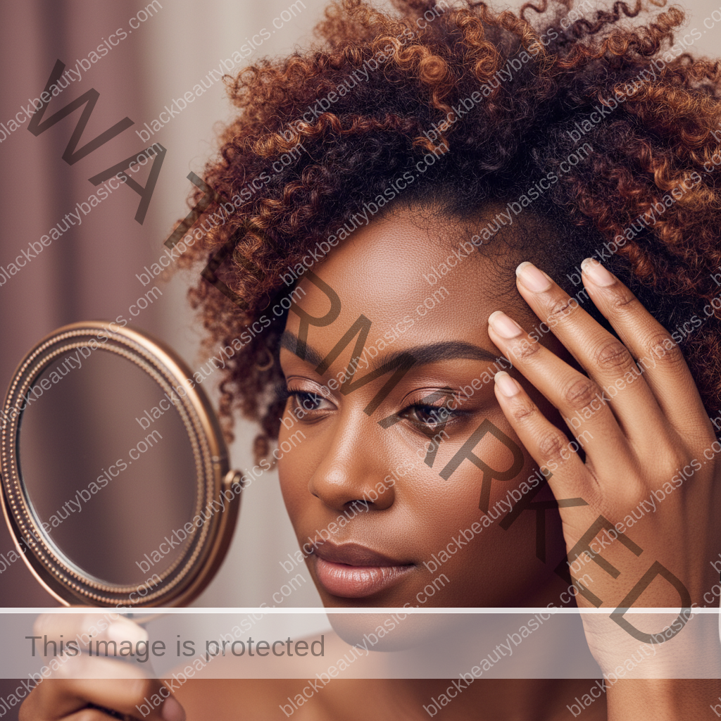 Melanin-rich Black woman with rich brown skin and textured hair gently checking scalp or hairline in a mirror