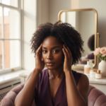 Melanin-rich Black woman with rich brown skin and textured hair in a warm editorial scalp-care moment for Questions to Ask When Choosing a Dermatologist, Trichologist, or Stylist for Hair Loss