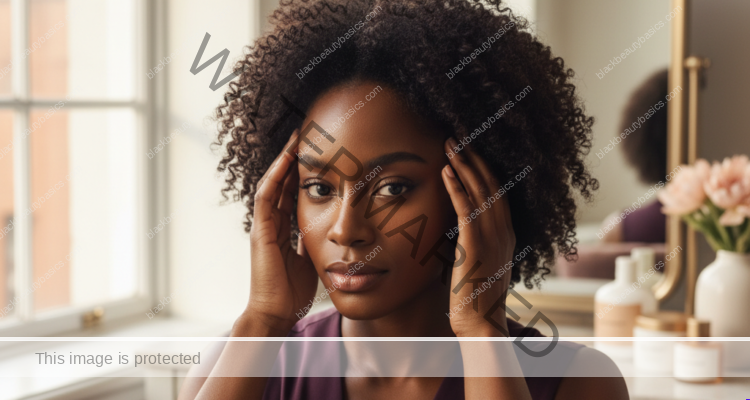 Melanin-rich Black woman with rich brown skin and textured hair in a warm editorial scalp-care moment for Questions to Ask When Choosing a Dermatologist, Trichologist, or Stylist for Hair Loss