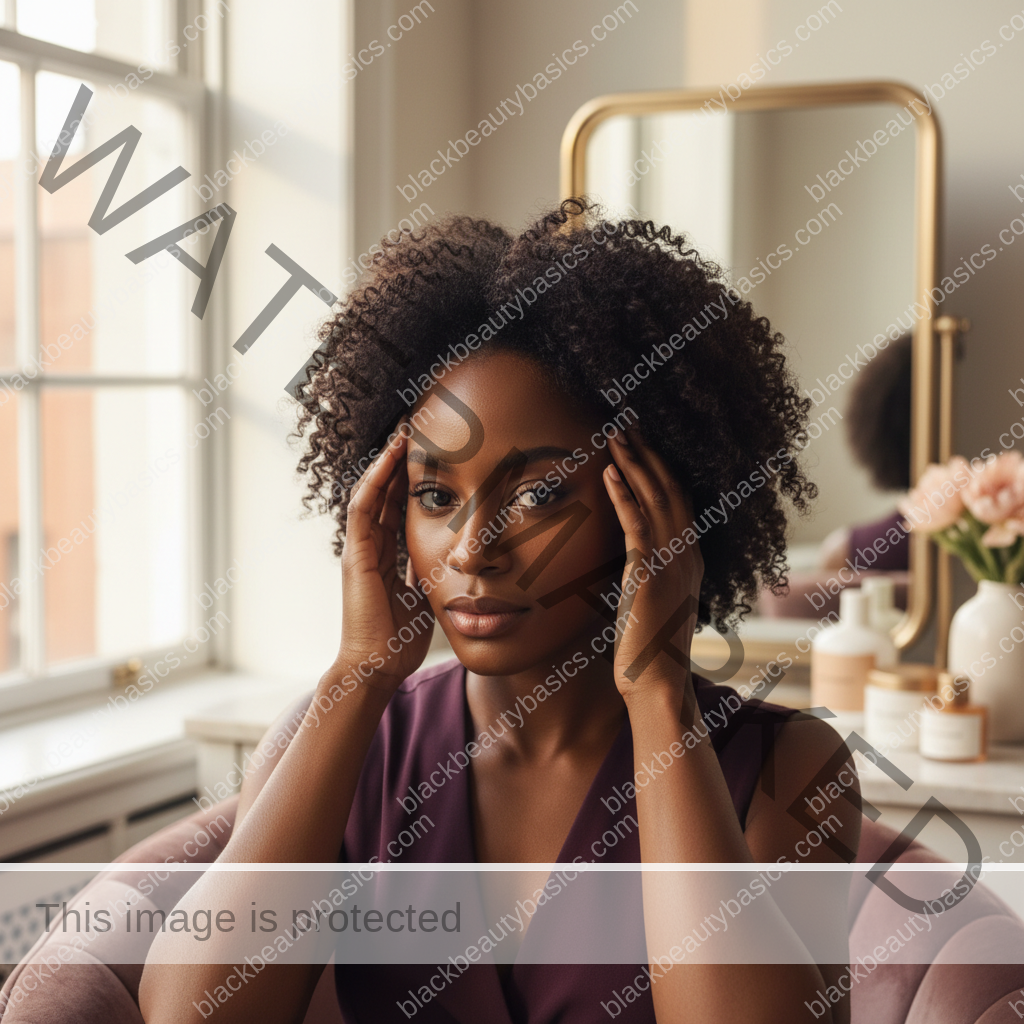 Melanin-rich Black woman with rich brown skin and textured hair in a warm editorial scalp-care moment for Questions to Ask When Choosing a Dermatologist, Trichologist, or Stylist for Hair Loss