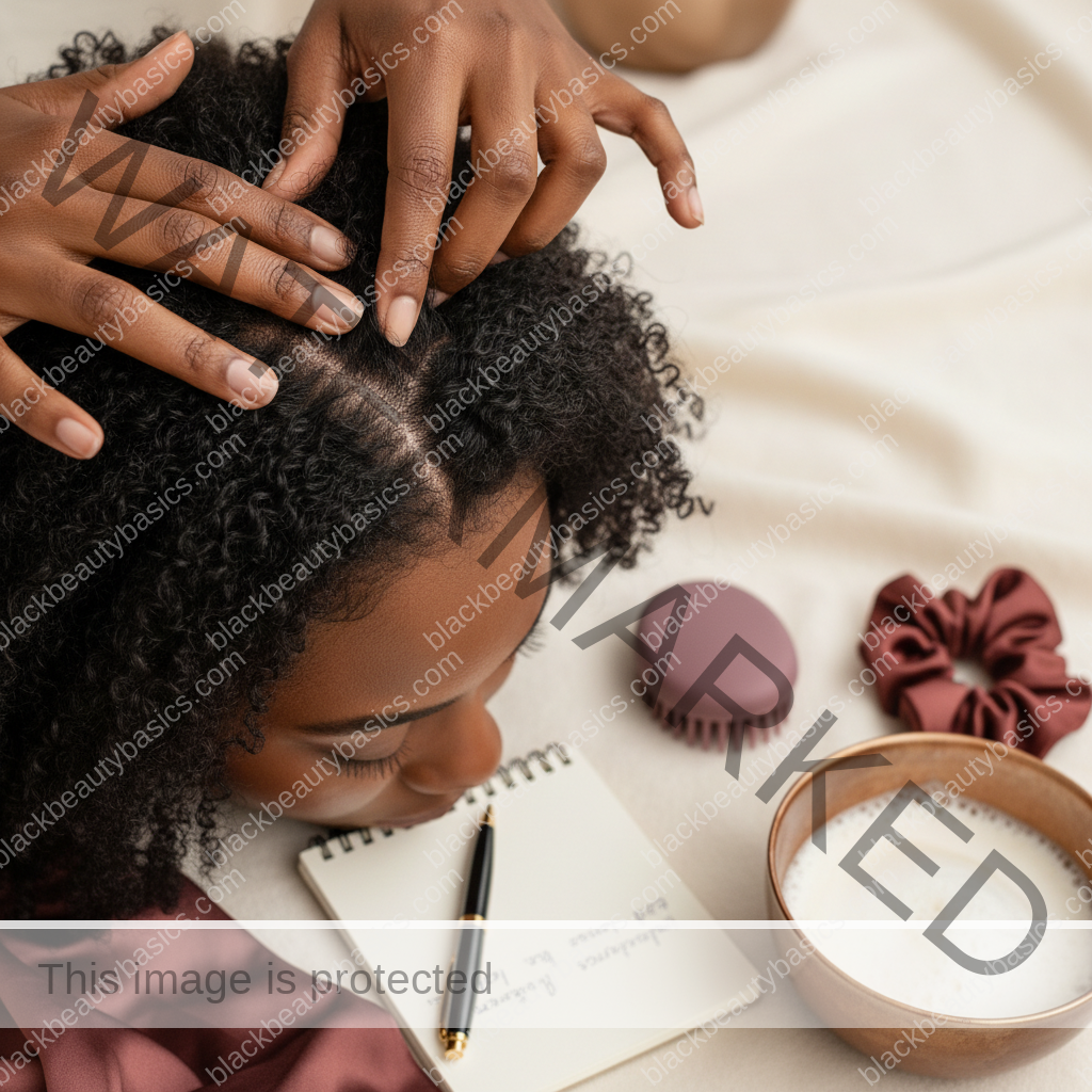 Melanin-rich Black woman with rich brown skin and textured hair using a practical scalp-care step with natural hands and correct anatomy