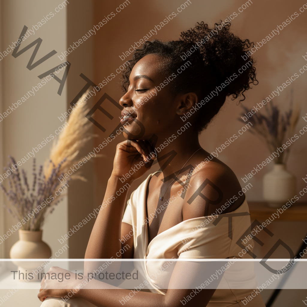 Black woman with deep skin relaxed after a gentle acne-safe skincare routine