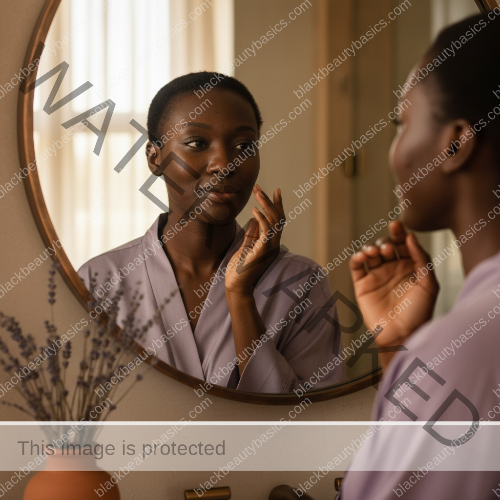 Black woman with richly melanated skin reflecting gently during an acne care routine
