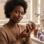 Black woman with deep skin in a calm acne-safe skincare moment for Questions to Ask a Dermatologist When Acne Keeps Scarring on Dark Skin