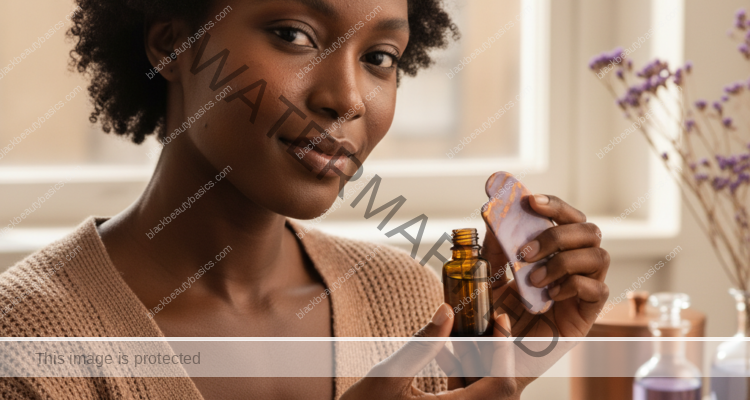 Black woman with deep skin in a calm acne-safe skincare moment for Questions to Ask a Dermatologist When Acne Keeps Scarring on Dark Skin