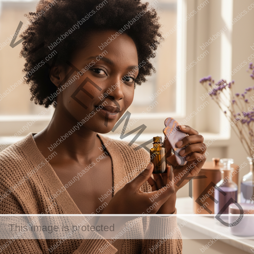 Black woman with deep skin in a calm acne-safe skincare moment for Questions to Ask a Dermatologist When Acne Keeps Scarring on Dark Skin