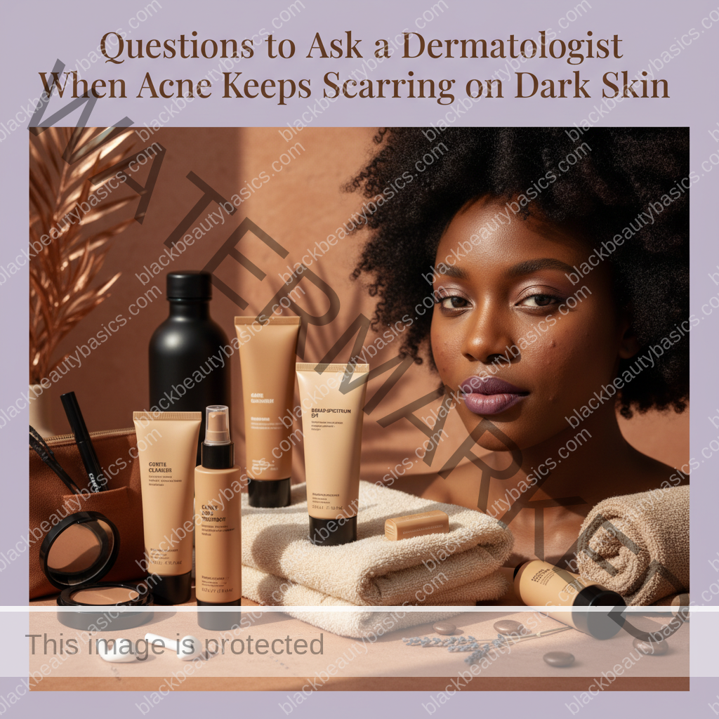 Acne-safe skincare essentials arranged for Questions to Ask a Dermatologist When Acne Keeps Scarring on Dark Skin