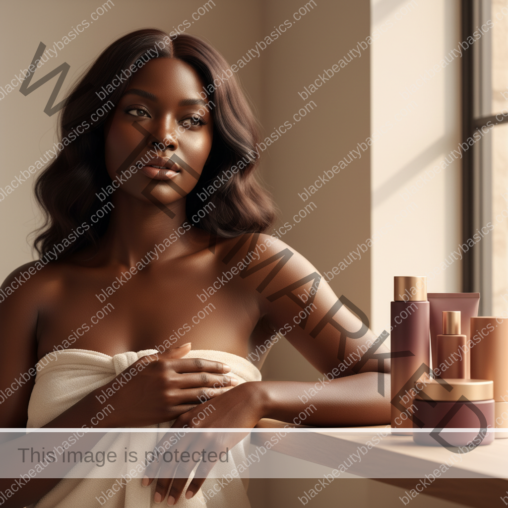 Melanin-rich Black woman with rich brown skin relaxed after a gentle body care routine