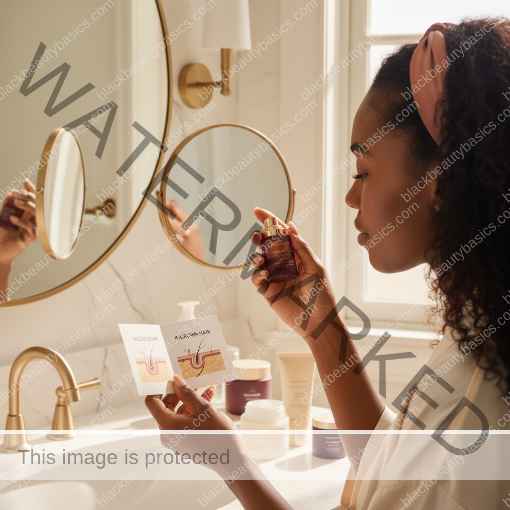 Melanin-rich Black woman with rich brown skin in a warm editorial body care moment for Razor Bumps vs Ingrown Hairs on Dark Skin