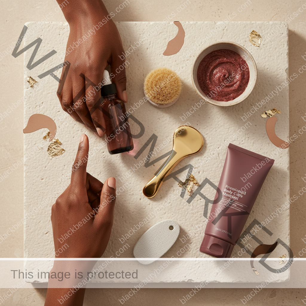 Body care essentials for Razor Bumps vs Ingrown Hairs on Dark Skin in ivory plum bronze and soft gold tones