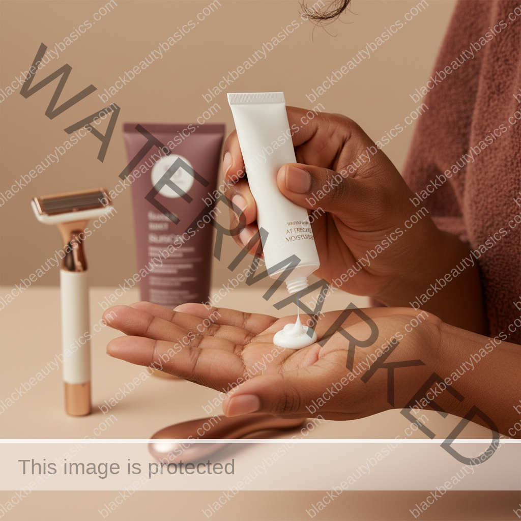 Melanin-rich Black woman with rich brown skin using a practical body care step with natural hands and correct anatomy