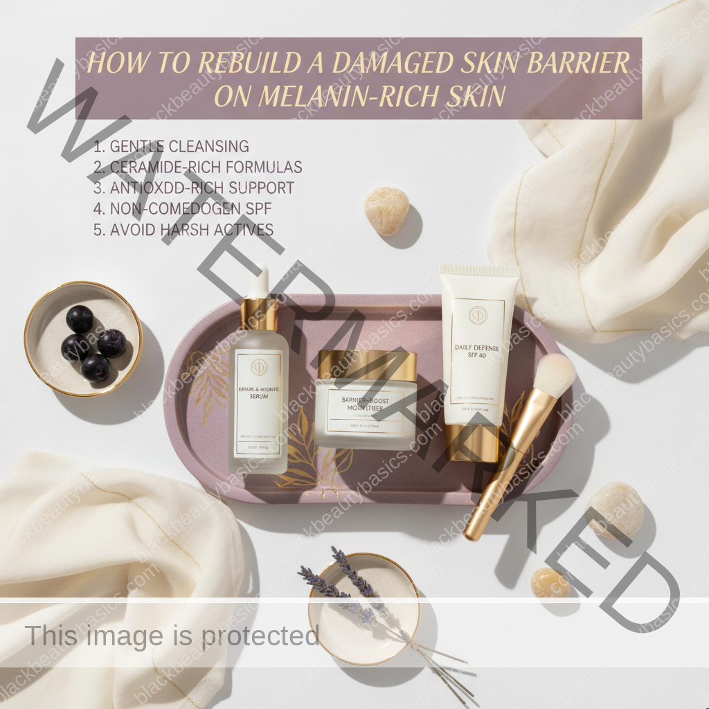 Simple barrier repair skincare flat lay in ivory bronze plum and soft gold tones