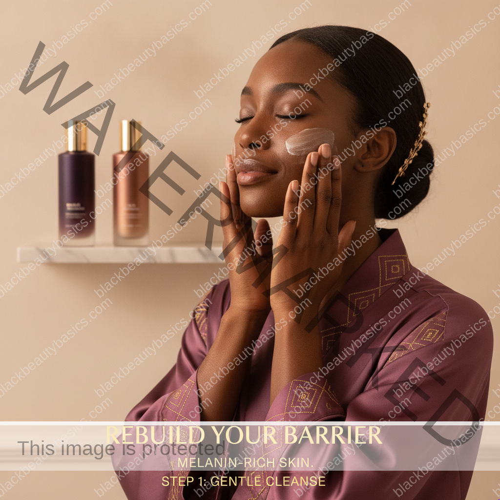 Black woman with melanin-rich skin applying a simple barrier repair step with natural hands