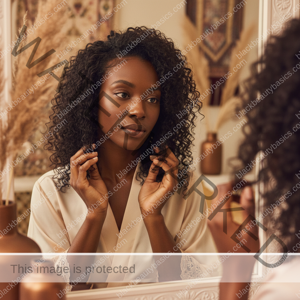 Melanin-rich Black woman with rich brown skin and textured hair in a calm mirror moment with natural hair