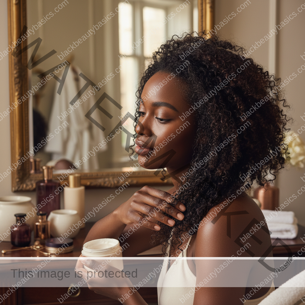 Melanin-rich Black woman with rich brown skin and textured hair in a warm editorial natural-hair routine moment for Recovering Your Curls After Repeated Silk Presses