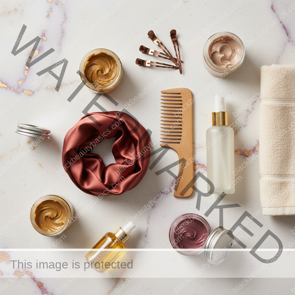 Natural-hair care essentials for Recovering Your Curls After Repeated Silk Presses in ivory plum bronze and soft gold tones