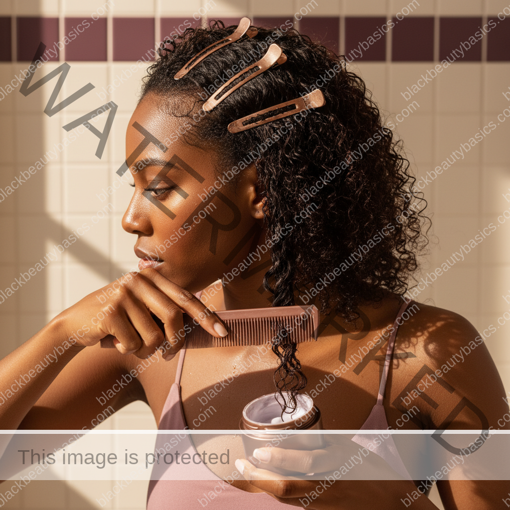 Melanin-rich Black woman with rich brown skin and textured hair using a practical natural-hair care step with natural hands and correct anatomy