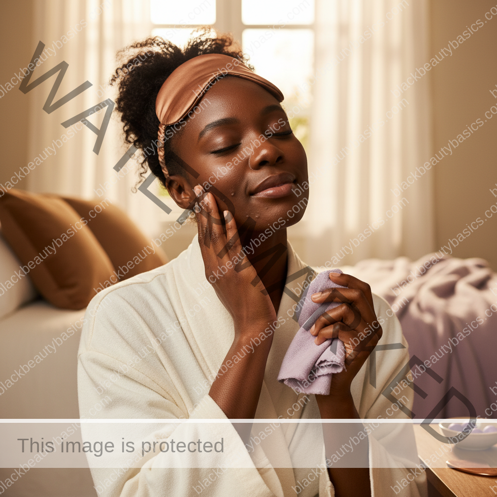 Black woman with deep skin relaxed after a gentle acne-safe skincare routine