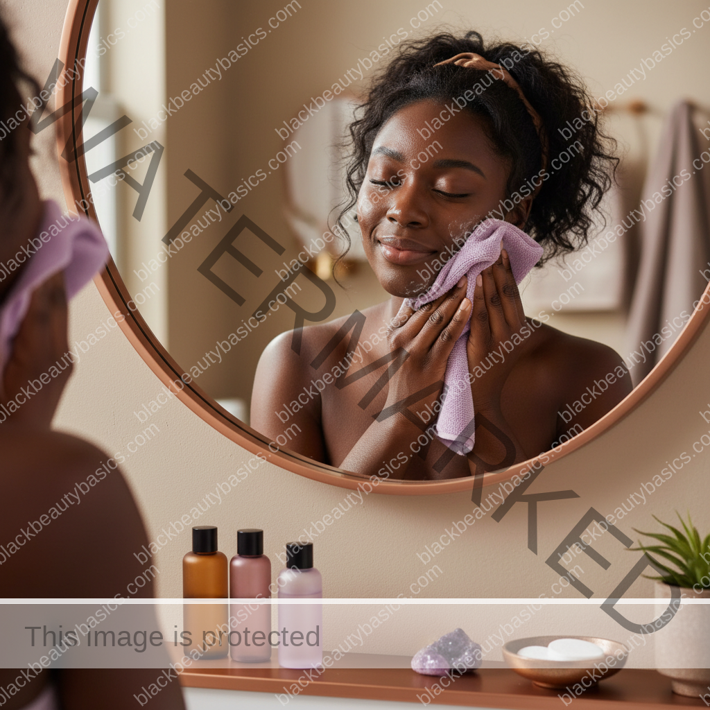Black woman with richly melanated skin reflecting gently during an acne care routine