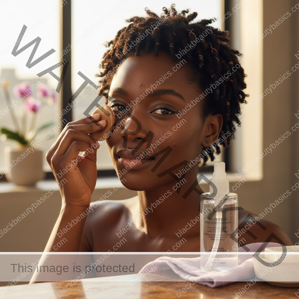 Black woman with deep skin in a calm acne-safe skincare moment for Best Way to Remove Makeup When You’re Breakout-Prone