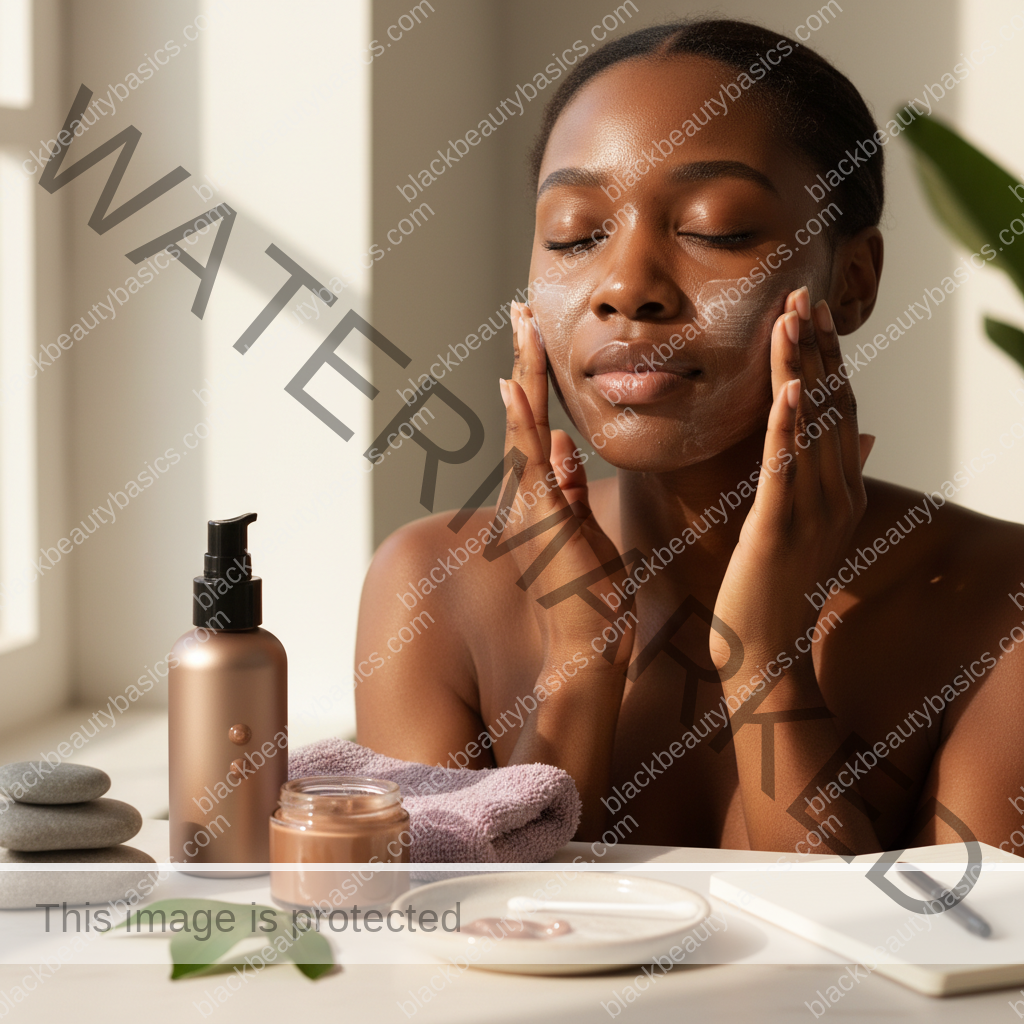 Black woman applying a gentle acne routine step for Best Way to Remove Makeup When You’re Breakout-Prone
