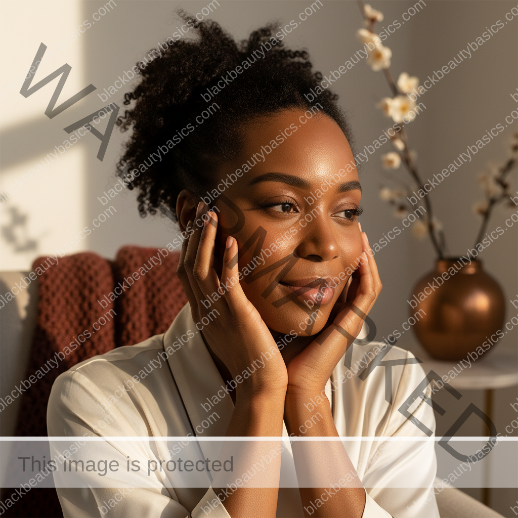 Melanin-rich Black woman with rich brown skin and textured hair relaxed after a gentle scalp-care routine