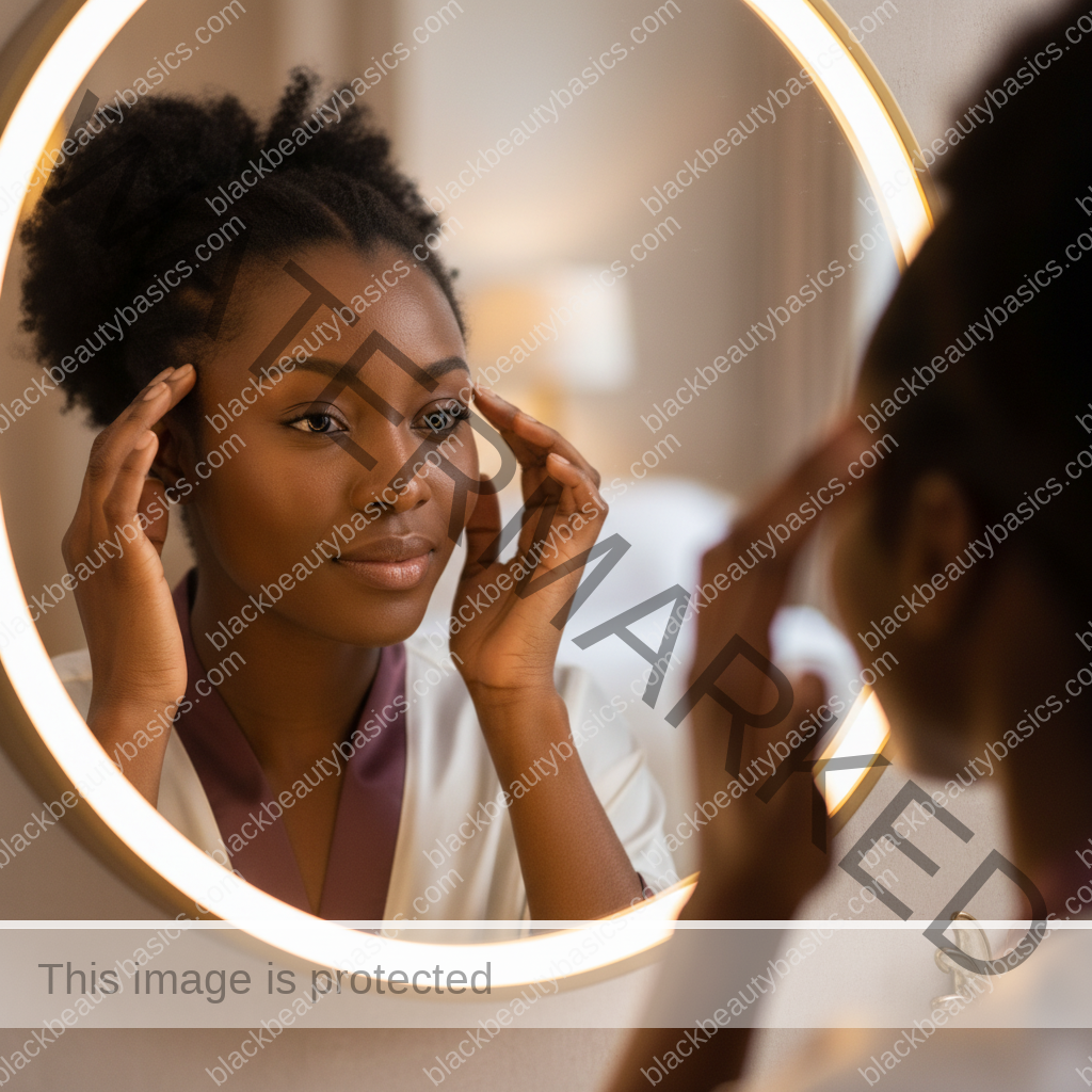 Melanin-rich Black woman with rich brown skin and textured hair gently checking scalp or hairline in a mirror