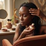 Melanin-rich Black woman with rich brown skin and textured hair in a warm editorial scalp-care moment for Scalp Psoriasis on Dark Skin: Everyday Care Questions to Ask