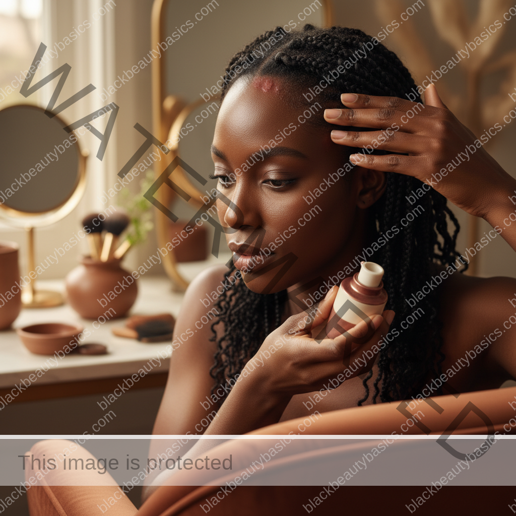 Melanin-rich Black woman with rich brown skin and textured hair in a warm editorial scalp-care moment for Scalp Psoriasis on Dark Skin: Everyday Care Questions to Ask