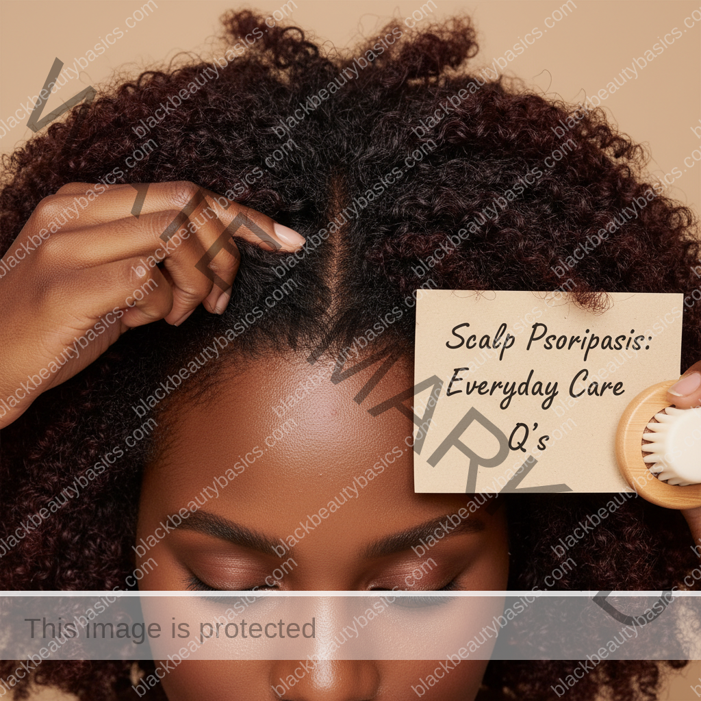 Melanin-rich Black woman with rich brown skin and textured hair using a practical scalp-care step with natural hands and correct anatomy