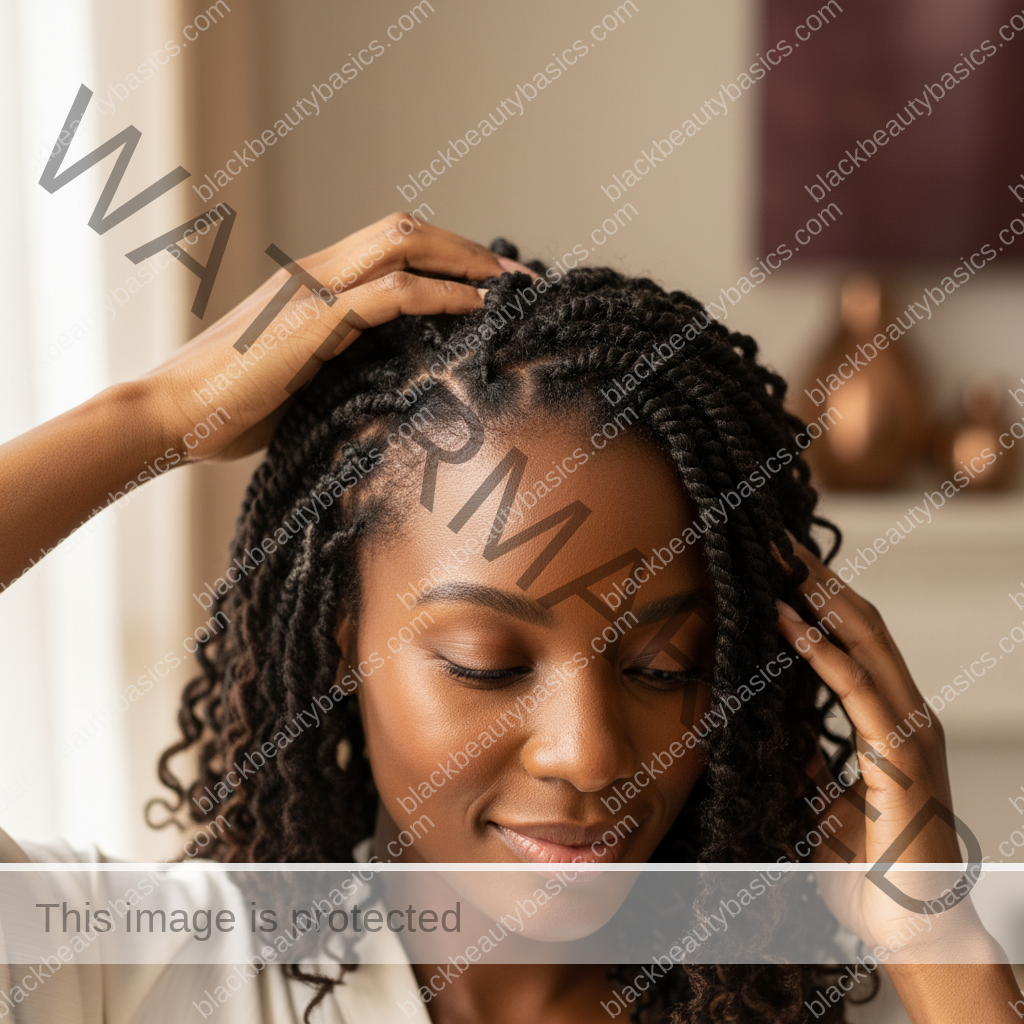 Melanin-rich Black woman with rich brown skin and textured hair relaxed after a gentle scalp-care routine