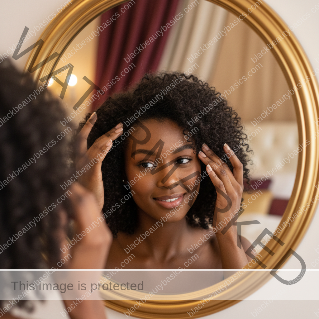 Melanin-rich Black woman with rich brown skin and textured hair gently checking scalp or hairline in a mirror