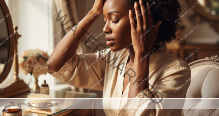 Melanin-rich Black woman with rich brown skin and textured hair in a warm editorial scalp-care moment for Scalp Tenderness on Black Women: What Patterns to Notice